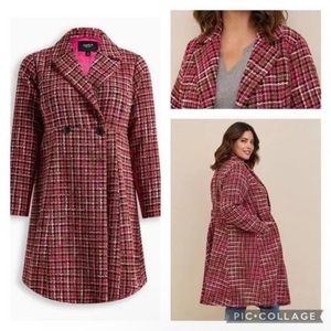 Torrid Boucle Statement Coat in Plaid Pink Size 1X NWT